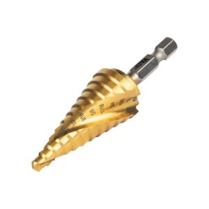 Klein Tools 25962 Step Drill Bit, 3/16 to 7/8-Inch, Spiral Double-Fluted, Cuts Thin Metal, Plastic, Aluminum, Wood, 1/4-Inch Hex Shank, VACO