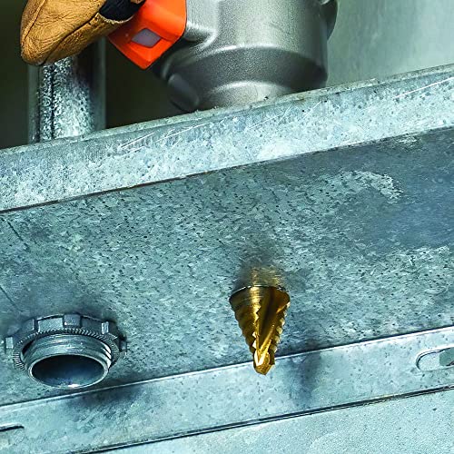 Klein Tools 25962 Step Drill Bit, 3/16 to 7/8-Inch, Spiral Double-Fluted, Cuts Thin Metal, Plastic, Aluminum, Wood, 1/4-Inch Hex Shank, VACO