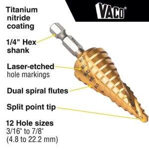 Klein Tools 25962 Step Drill Bit, 3/16 to 7/8-Inch, Spiral Double-Fluted, Cuts Thin Metal, Plastic, Aluminum, Wood, 1/4-Inch Hex Shank, VACO