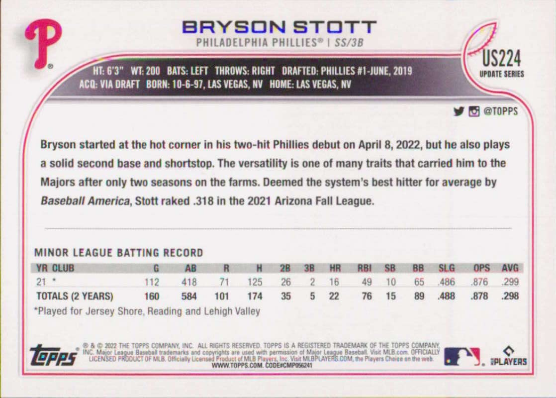 2022 Topps Update #US224 Bryson Stott NM-MT RC Rookie Philadelphia Phillies Baseball