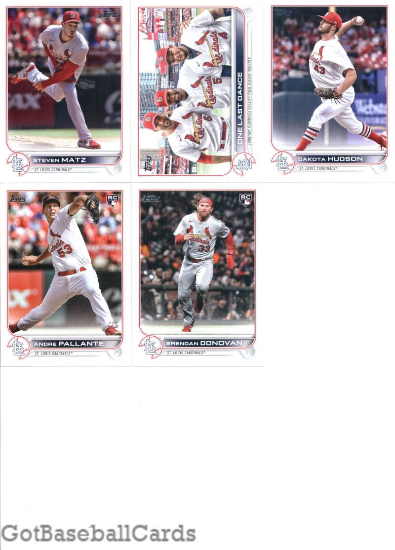 2022 Topps Update Baseball St. Louis Cardinals Team Set of 11 Cards: Corey Dickerson(#US15), Andre Pallante(#US59), Brendan Donovan(#US150), Yadier Molina/Albert Pujols(#US168), Dakota Hudson(#US178), Nick Wittgren(#US202), Steven Matz(#US209), Albert Puj