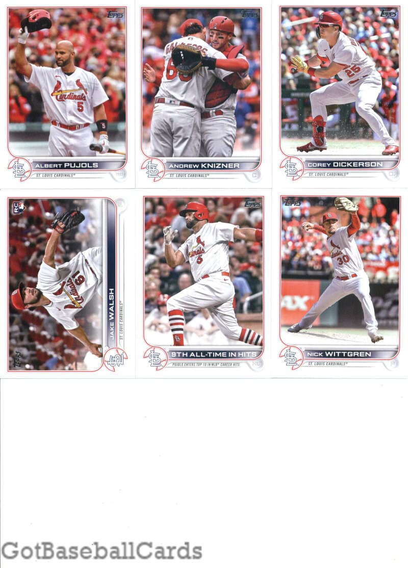 2022 Topps Update Baseball St. Louis Cardinals Team Set of 11 Cards: Corey Dickerson(#US15), Andre Pallante(#US59), Brendan Donovan(#US150), Yadier Molina/Albert Pujols(#US168), Dakota Hudson(#US178), Nick Wittgren(#US202), Steven Matz(#US209), Albert Puj