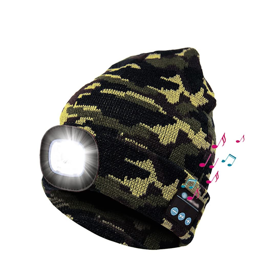 Bluetooth Beanie Hat with Light, Unisex USB Rechargeable LED Headlamp Cap with Headphones, Built-in Speakers (Color : Natural, Size : One Size)