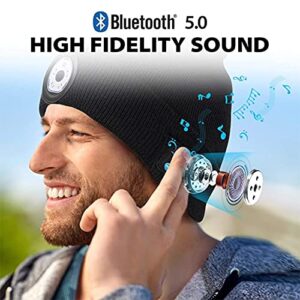 Bluetooth Beanie Hat with Light, Unisex USB Rechargeable LED Headlamp Cap with Headphones, Built-in Speakers (Color : Natural, Size : One Size)