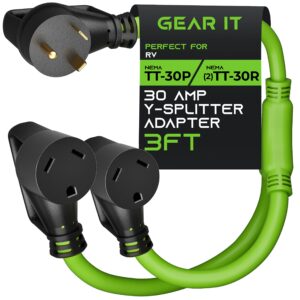 gearit rv y adapter cord 30 amp to (2) 30 amp, nema tt-30p to (2) nema tt-30r, male plug to female receptacles, 3-prong heavy duty power cable, stw 10 awg 3c - trailer, camper and generator - 3 feet