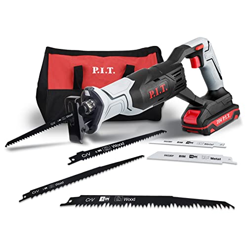 P.I.T. Power Reciprocating Saw, 20V Cordless Reciprocating Saw with 2.0Ah Batteries and Charger, 6 Saw Blades, Variable Speed, Battery Powered Saw for Woods/Metal/Plastic Cutting