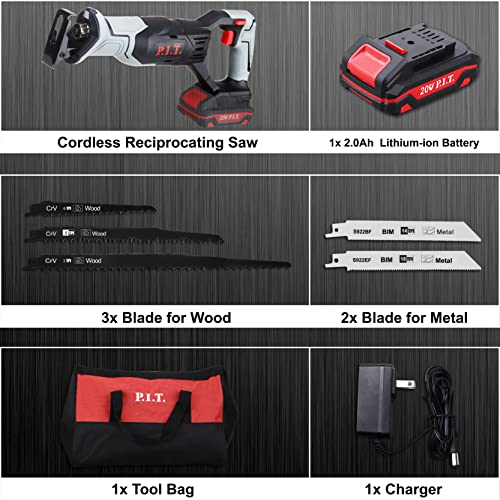 P.I.T. Power Reciprocating Saw, 20V Cordless Reciprocating Saw with 2.0Ah Batteries and Charger, 6 Saw Blades, Variable Speed, Battery Powered Saw for Woods/Metal/Plastic Cutting