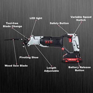 P.I.T. Power Reciprocating Saw, 20V Cordless Reciprocating Saw with 2.0Ah Batteries and Charger, 6 Saw Blades, Variable Speed, Battery Powered Saw for Woods/Metal/Plastic Cutting