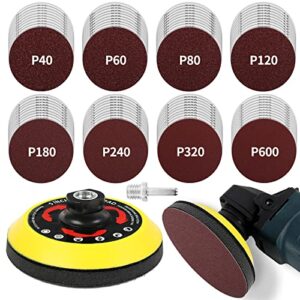 pomsare 5 inch upgraded hook and loop backing pad with 80pcs sanding discs, angle grinder attachments with 5/8-11, drill sanding pad for wood sanding polishing(40/60/80/120/180/240/320/600 grit)