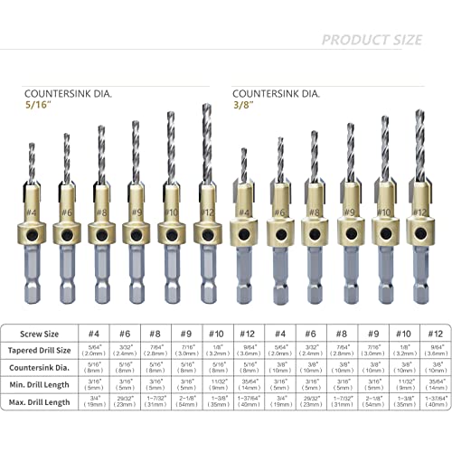 CSOOM Pro Countersink Drill Bit Set 12 PC Countersink Drill Bits #4, 6, 8, 9,10, 12, (Two Cutting diameters) Counter Sinker Set Wood High Speed Steel, Woodworking Carpentry Reamer