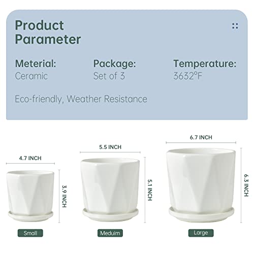 Octagon Ceramic Plant Pots - Indoor White Flower Planter Set with Drainage Holes, 6.7/5.5/4.7 Inch, Modern Decorative Planter Outdoor for Succulents Snakes and Herb