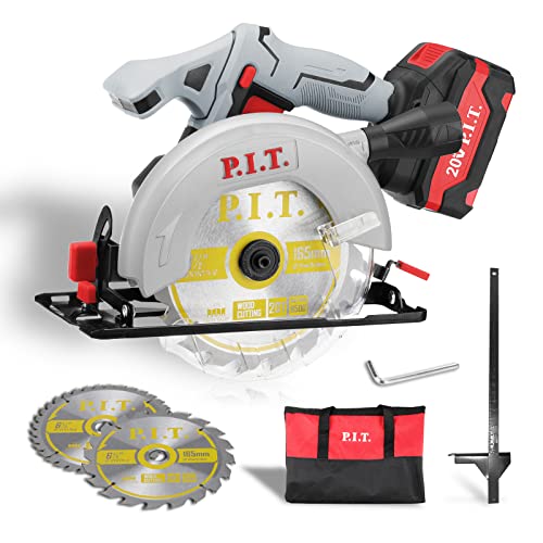 P.I.T. 20V 6-1/2 inch Cordless Circular Saw with 4.0Ah Lithium-Ion Battery and 24T 40T Circular Saw Blade, Max Cutting Depth 2-1/16”(90°), 1-7/16”(45°)