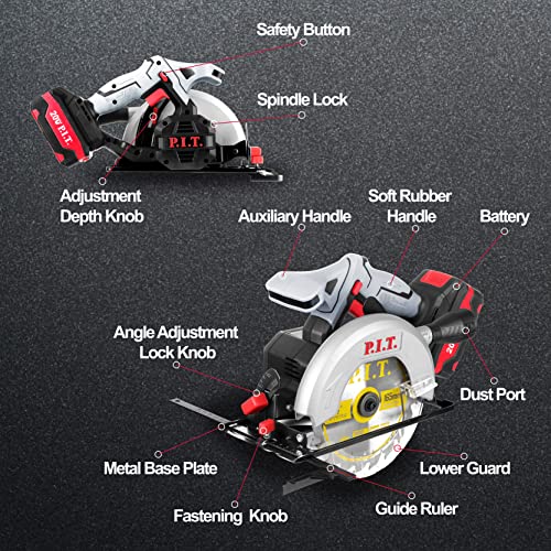 P.I.T. 20V 6-1/2 inch Cordless Circular Saw with 4.0Ah Lithium-Ion Battery and 24T 40T Circular Saw Blade, Max Cutting Depth 2-1/16”(90°), 1-7/16”(45°)