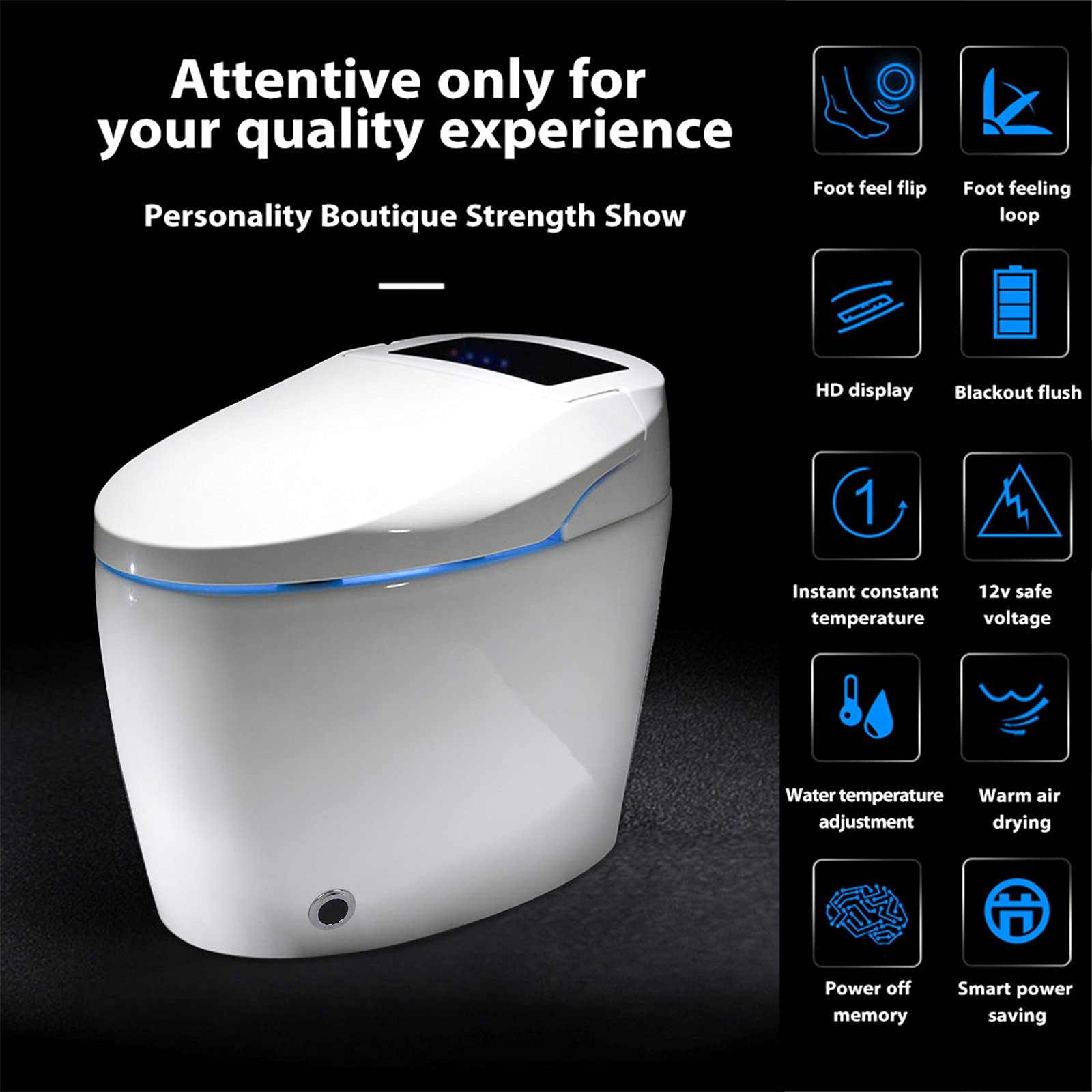 Smart Toilet One Piece Toilet with Heated Seat, Modern Smart Bidet Toilet Auto Flush, Auto Open/Close, Warm Water and Dry, Multi Function Remote Control