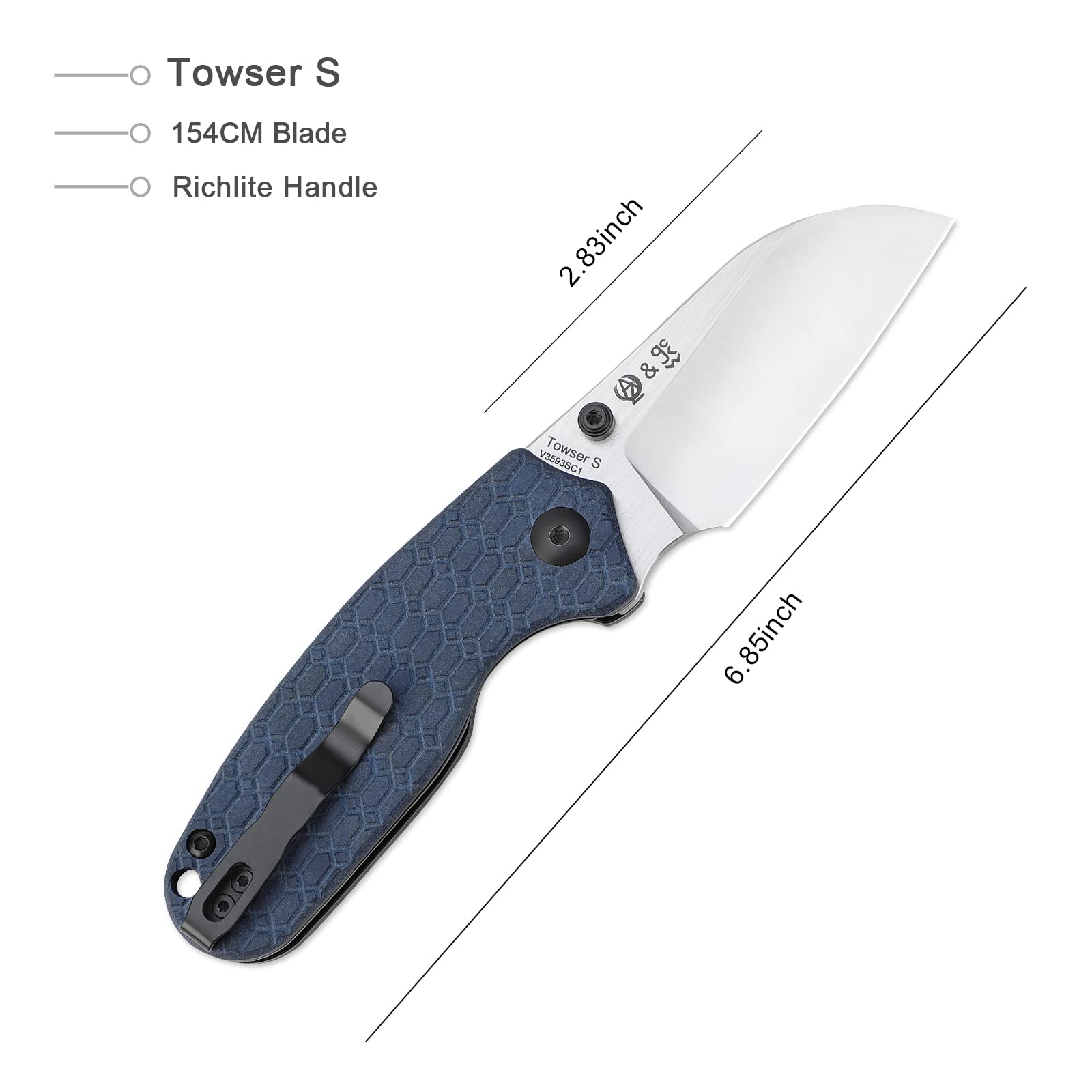 Kizer Towser S Folding Knife 2.83 Inches 154CM Steel Blue Richlite Handle Pocket Knife Camping Tools V3593SC1
