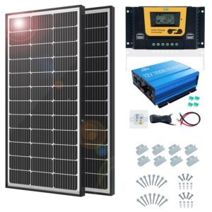 jjn 200 watt solar panel 2 pack of 100 watt solar panels kit with 1100w power inverter,20a solar charge controller,8 units z bracket for boat, caravan, rv and other off grid applications