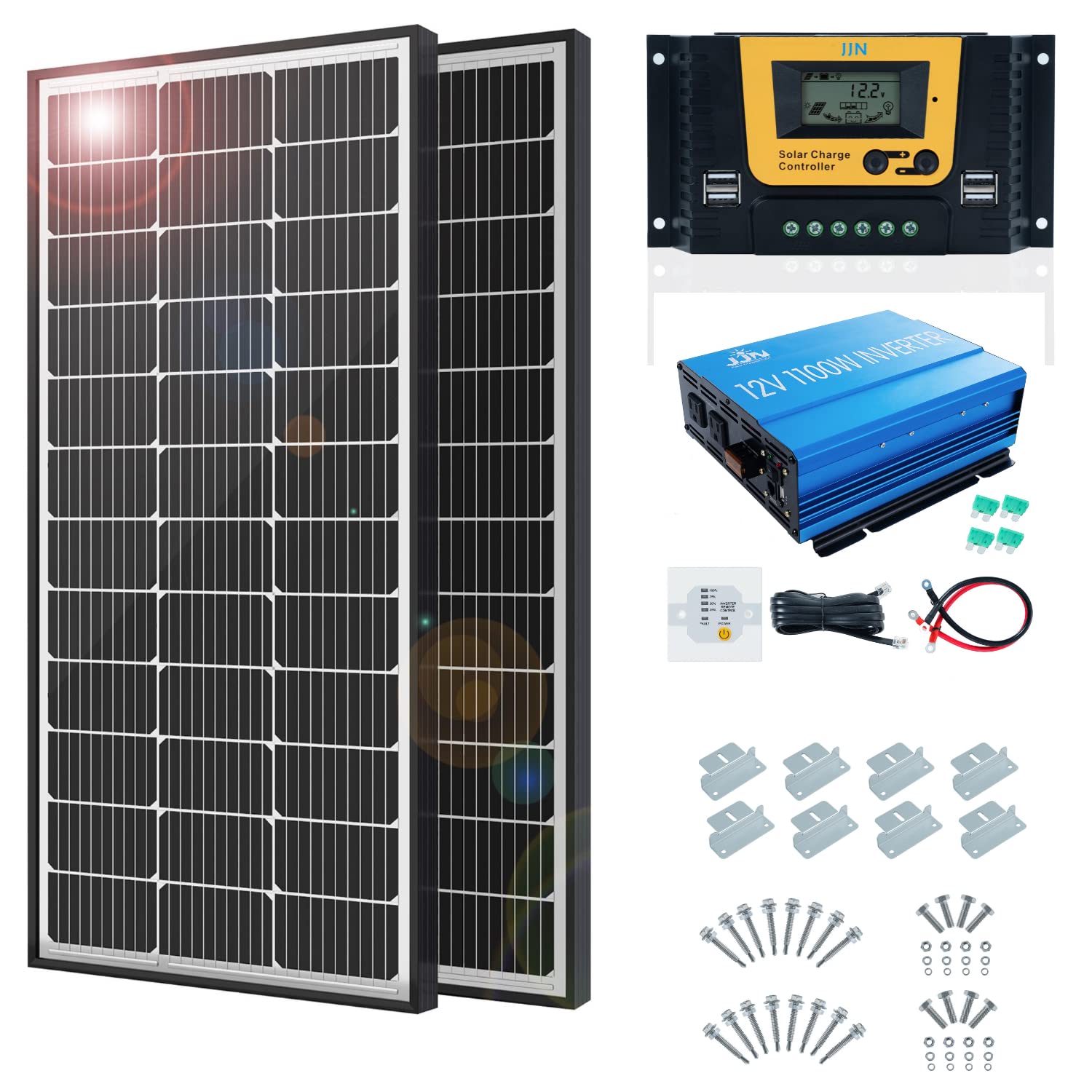 JJN 200 Watt Solar Panel 2 Pack of 100 Watt Solar Panels kit with 1100w Power Inverter,20A Solar Charge Controller,8 Units Z Bracket for Boat, Caravan, RV and Other Off Grid Applications