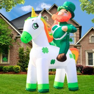 domkom st. patricks day inflatable decorations, 5ft happy leprechaun blow up décor built-in led lights on unicorn playing guitar, lucky day for outdoor holiday party, lawn, yard, garden, patio