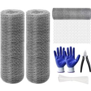 Chicken Wire, 2 Rolls of 15.7“ ×393.7” Chicken Wire Net for Craft, Chicken Wire Fence Mesh with Plier, Protective Gloves, Cable Zip Ties for Crafts Garden Poultry Chicken Coops Rabbit Rodent Cage