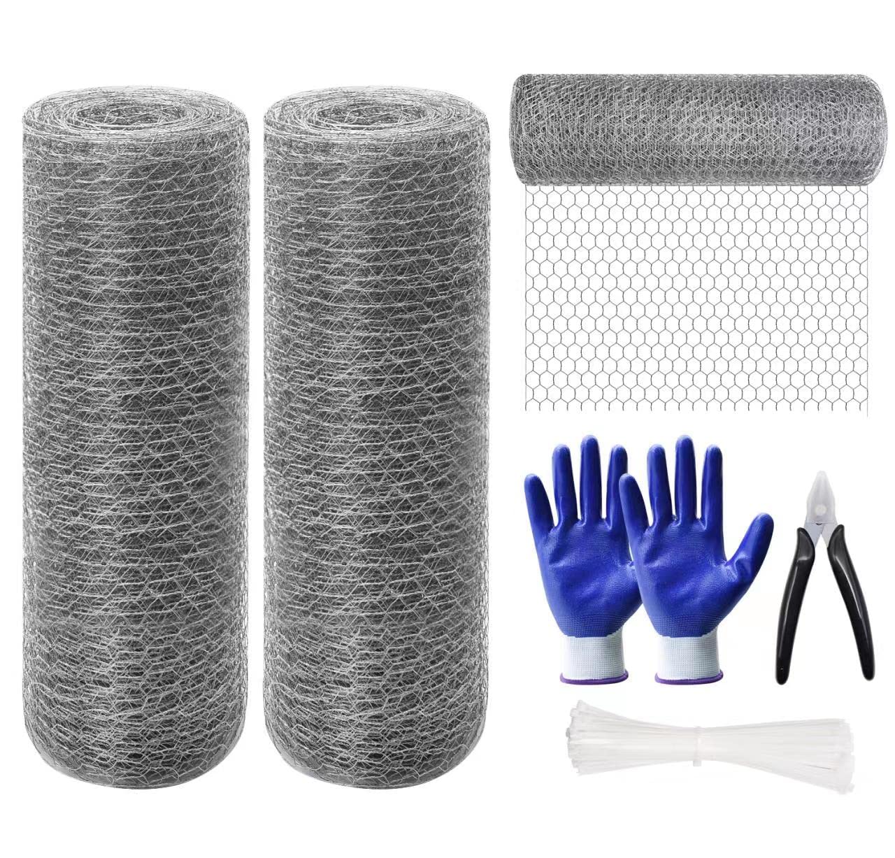 Chicken Wire, 2 Rolls of 15.7“ ×393.7” Chicken Wire Net for Craft, Chicken Wire Fence Mesh with Plier, Protective Gloves, Cable Zip Ties for Crafts Garden Poultry Chicken Coops Rabbit Rodent Cage