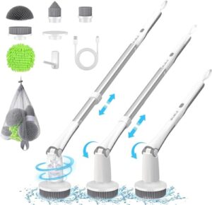 600rpm electric spin scrubber, biuble cordless cleaning brush with adjustable long handle, 5 upgrade replaceable brush heads & velcro, bathroom shower cleaning scrubber for bathtub grout tile floor