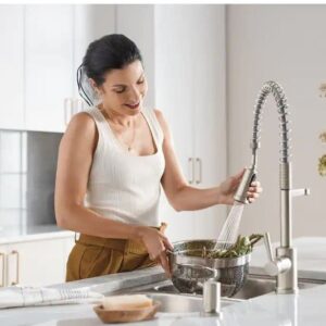 MOEN 87194SRS Indi Single-Handle Pre-Rinse Spring Pulldown Sprayer Kitchen Faucet with Power Clean in Spot Resist Stainless (Soap Dispenser and Deck Plate Included)