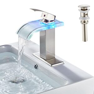 loopan waterfall bathroom faucet led light with pop up drain, 1 hole single handle bathroom faucet brushed nickel with 3 light changing, single hole deck mounted basin tap faucet