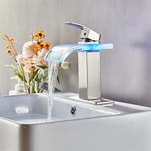 LOOPAN Waterfall Bathroom Faucet LED Light with Pop up Drain, 1 Hole Single Handle Bathroom Faucet Brushed Nickel with 3 Light Changing, Single Hole Deck Mounted Basin Tap Faucet