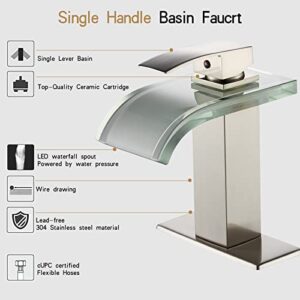 LOOPAN Waterfall Bathroom Faucet LED Light with Pop up Drain, 1 Hole Single Handle Bathroom Faucet Brushed Nickel with 3 Light Changing, Single Hole Deck Mounted Basin Tap Faucet