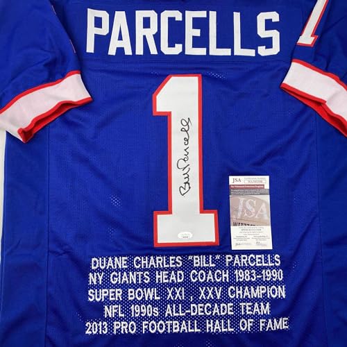 Autographed/Signed Bill Parcells New York Blue Stat Football Jersey JSA COA