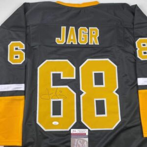 Autographed/Signed Jaromir Jagr Pittsburgh Black Hockey Jersey JSA COA