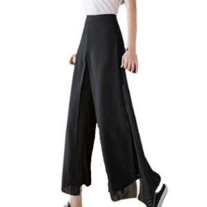 maiyifu-gj women's wide leg chiffon dress pant high waist elegant wide leg trousers casual elastic waist flowy flare pants (black,large)