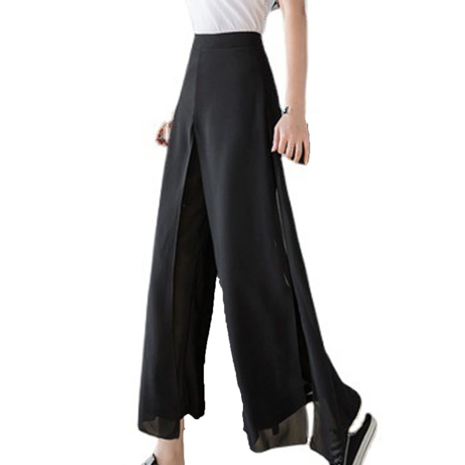 Maiyifu-GJ Women's Wide Leg Chiffon Dress Pant High Waist Elegant Wide Leg Trousers Casual Elastic Waist Flowy Flare Pants (Black,Large)