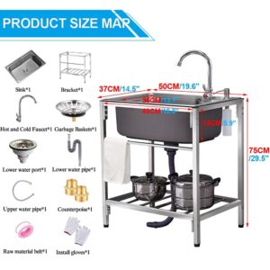 MMCUBE Small Commercial Sink Stainless Steel Utility Sink Utility Single Sinks for Kitchen Backyard Outdoor,5.9 Inches Deep Basin,19.6" L x 14.5" W x 29.5" H (Color : with Single-Cold Faucet)