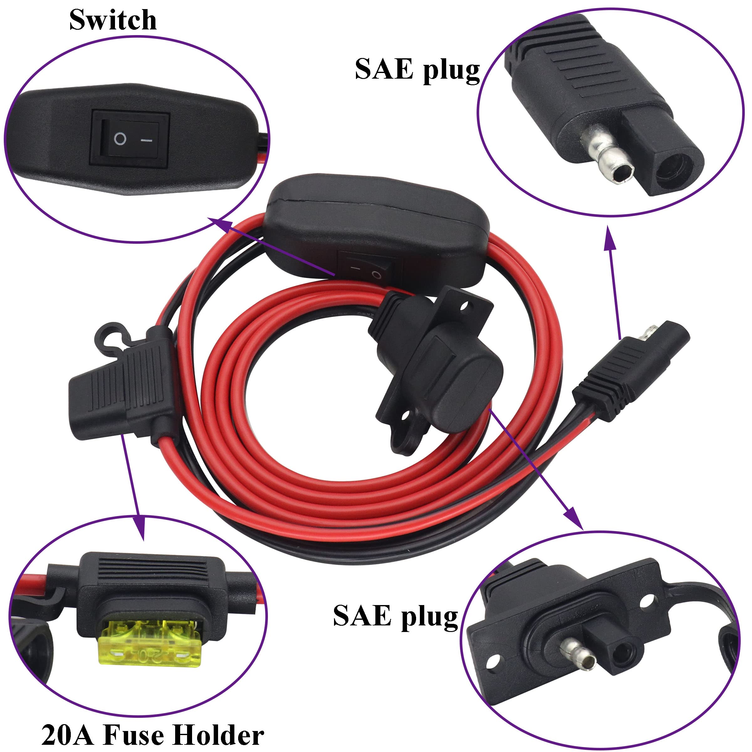 AAOTOKK SAE to SAE Solar Power Outlet Sidewall Port Cable,12AWG Weatherproof SAE Quick Connect Solar Panel Mount Universal Recessed with 20A Fuse Cable for Generator Battery Charger(1.5M/5ft-1Pack)