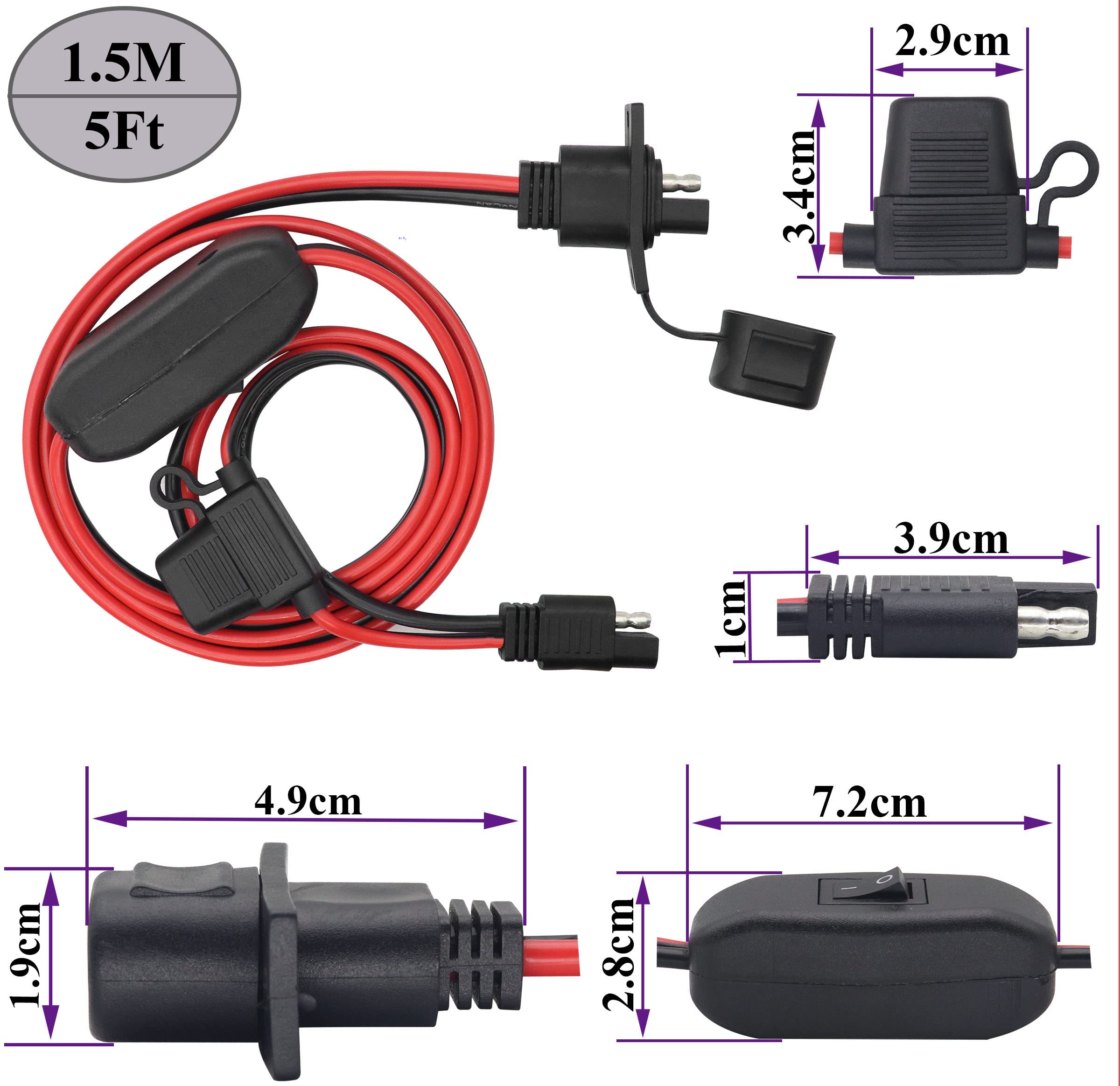 AAOTOKK SAE to SAE Solar Power Outlet Sidewall Port Cable,12AWG Weatherproof SAE Quick Connect Solar Panel Mount Universal Recessed with 20A Fuse Cable for Generator Battery Charger(1.5M/5ft-1Pack)