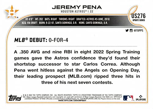 2022 Topps Update Baseball #US276 Jeremy Pena Rookie Card Astros - Rookie Debut