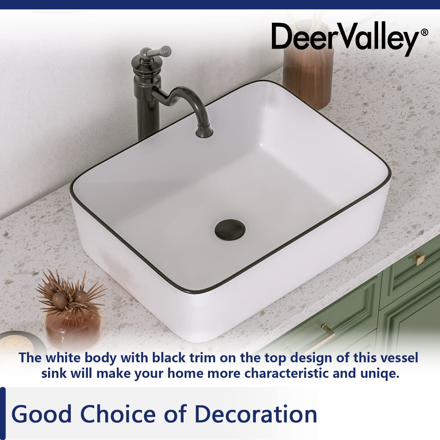 DeerValley DV-1V0002 Bathroom Sink 19" x 15" Bathroom Vessel Sink Rectangular Above Counter Vessel Sink, White Body Black Trim