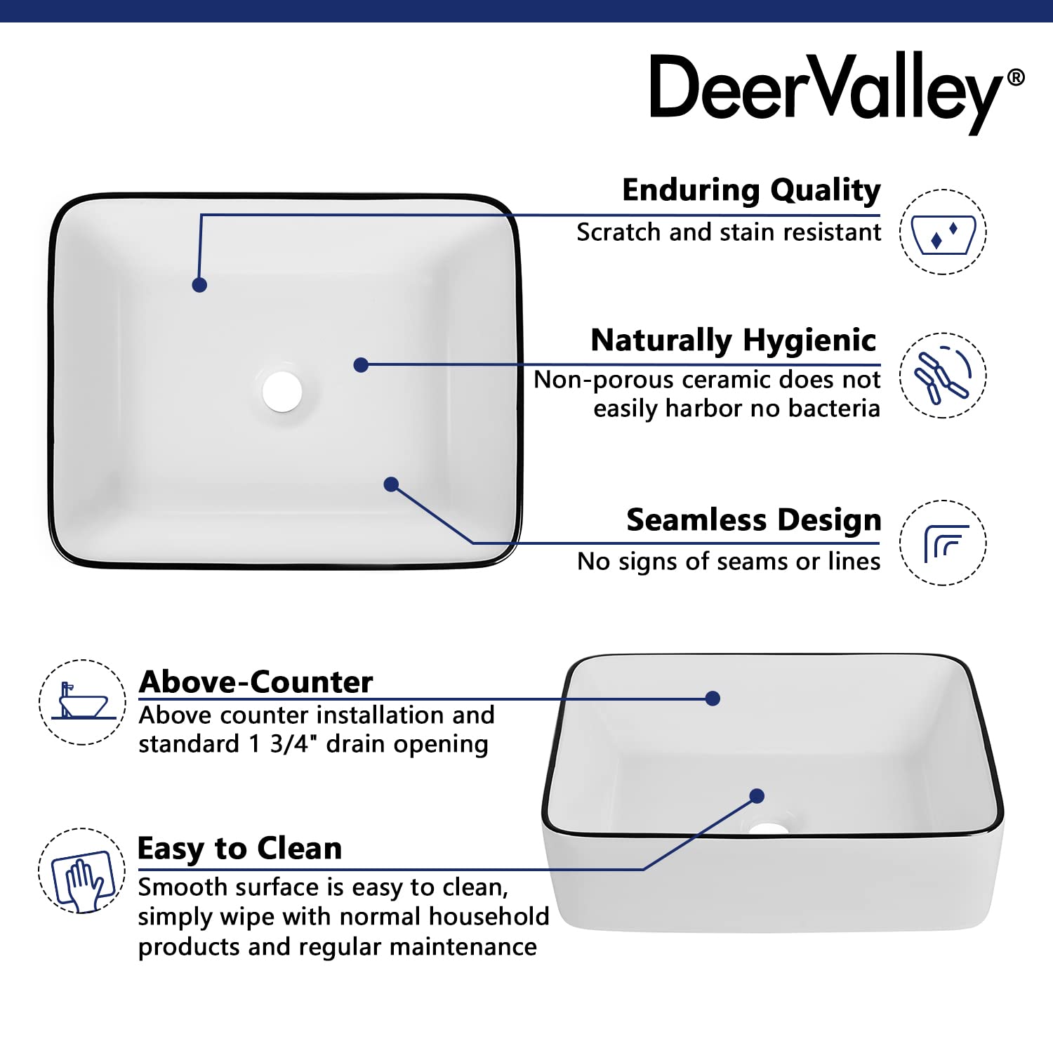 DeerValley DV-1V0002 Bathroom Sink 19" x 15" Bathroom Vessel Sink Rectangular Above Counter Vessel Sink, White Body Black Trim