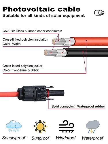 WBGADAM 10AWG (6mm²) Solar Extension Cable 3 feet with Female and Male Connector Solar Panel Extension Cable Wire Adaptor Kit Tool (3FT Red + 3FT Black)