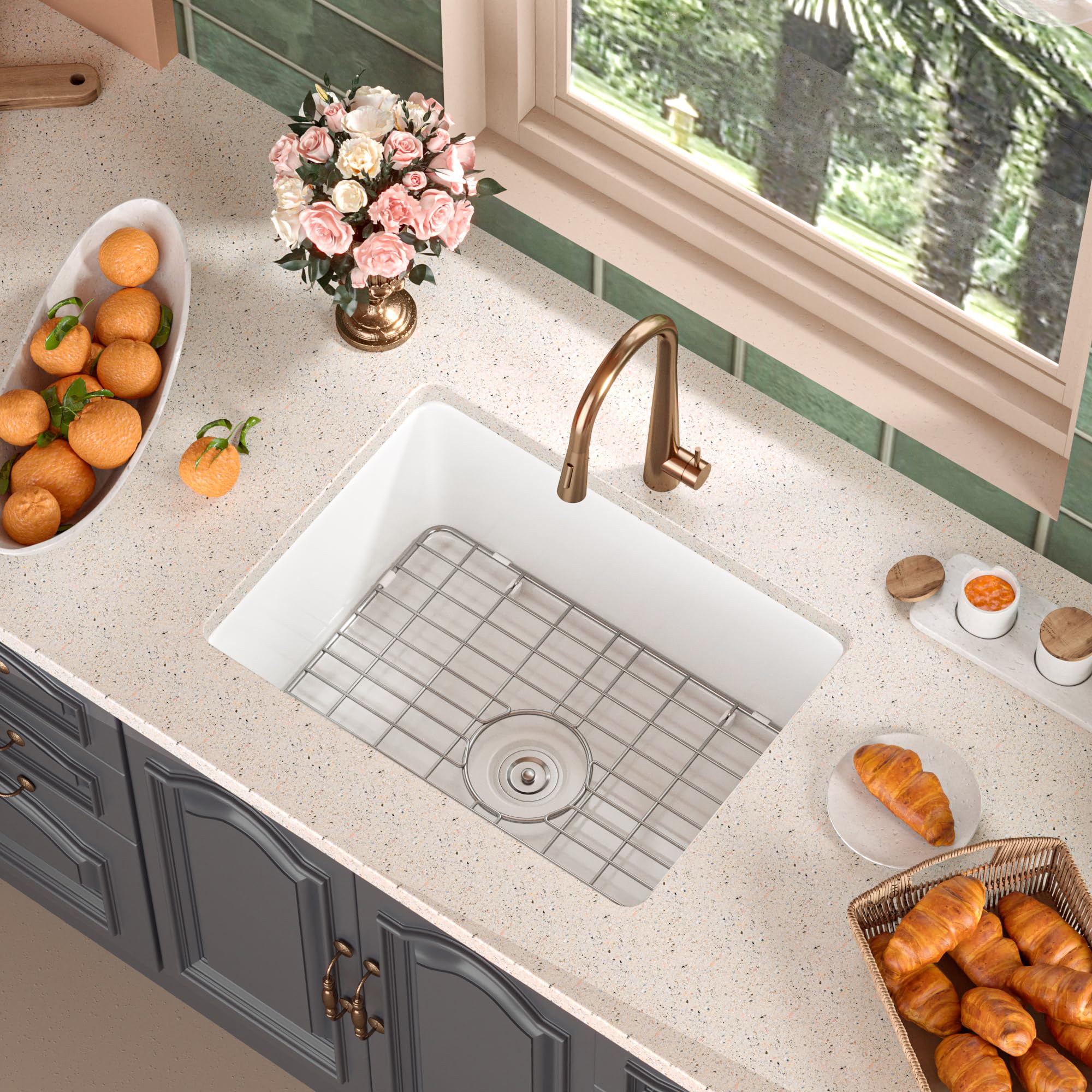 Single Bowl Drop in Kitchen Sink DeerValley DV-1K515 Glen 24" L x 18" W Fireclay Undermount Kitchen Sink White Deep Bowl Sink with Sink Grid and Basket Strainer