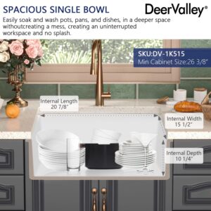 Single Bowl Drop in Kitchen Sink DeerValley DV-1K515 Glen 24" L x 18" W Fireclay Undermount Kitchen Sink White Deep Bowl Sink with Sink Grid and Basket Strainer