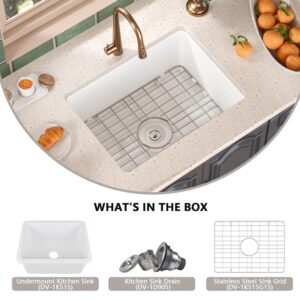 Single Bowl Drop in Kitchen Sink DeerValley DV-1K515 Glen 24" L x 18" W Fireclay Undermount Kitchen Sink White Deep Bowl Sink with Sink Grid and Basket Strainer