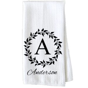 personalized kitchen towel | custom tea towel | family name dish towel | kitchen decor | hand towel | housewarming gift | monogram dishcloth (wreath 1)