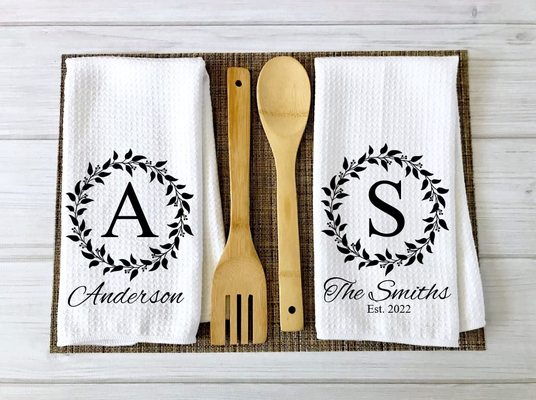 Personalized Kitchen Towel | Custom Tea Towel | Family Name Dish Towel | Kitchen Decor | Hand Towel | Housewarming Gift | Monogram Dishcloth (Wreath 1)