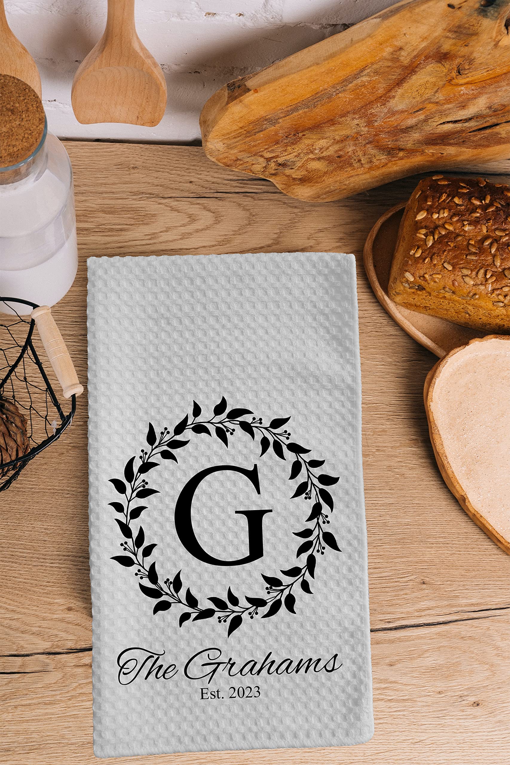 Personalized Kitchen Towel | Custom Tea Towel | Family Name Dish Towel | Kitchen Decor | Hand Towel | Housewarming Gift | Monogram Dishcloth (Wreath 1)