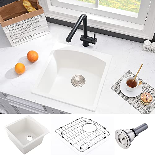 18 Inch Bar Sink Drop In - VASOYO 18"x18" White Drop in Bar Sink Topmount Kitchen Sink Granite Kitchen Sink Single Bowl Rv Kitchen Sink Outdoor Sink with Bottom Grid & Drain