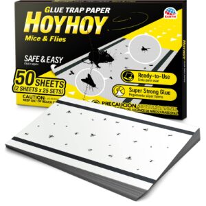 hoy hoy mice & flies glue trap paper - 50 traps [1 pack] ready-to-use super strong glue multi-purpose pest rodent killer trap, gnat moth insects spider crickets roach rat snake lizard, made in japan