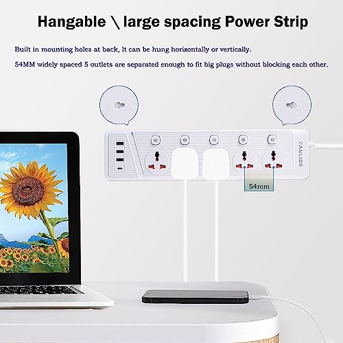 FANLIDE Universal Power Strip with USB C, 5 Outlets 3 USB and 1 USB C Ports, 6.5ft Power Cord Circuit Breaker