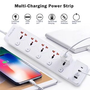 FANLIDE Universal Power Strip with USB C, 5 Outlets 3 USB and 1 USB C Ports, 6.5ft Power Cord Circuit Breaker